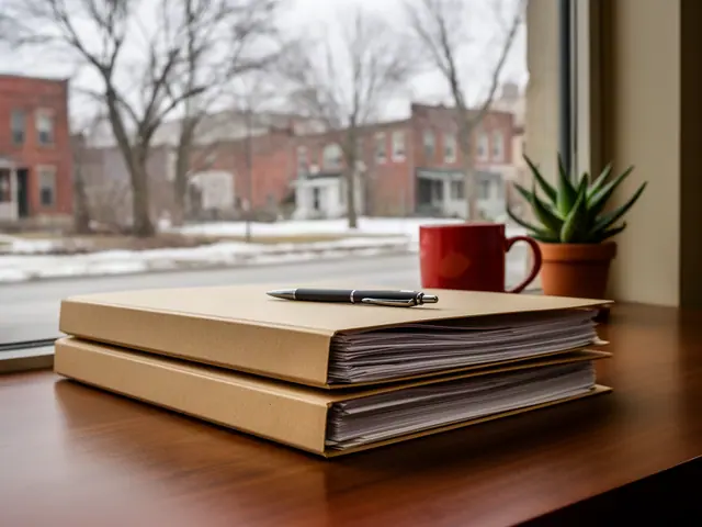 A neat stack of closed manila folders and a pen on a desk by a window.