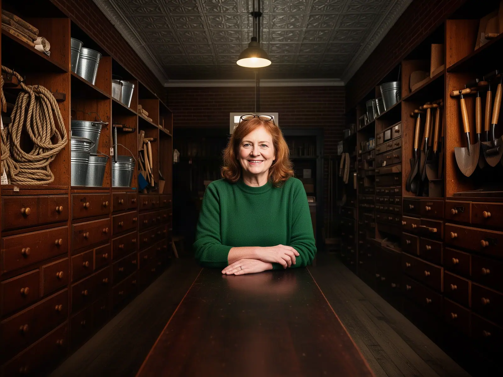 A smiling hardware-store owner at a long wooden counter between tall shelves of drawers, rope and tools.
